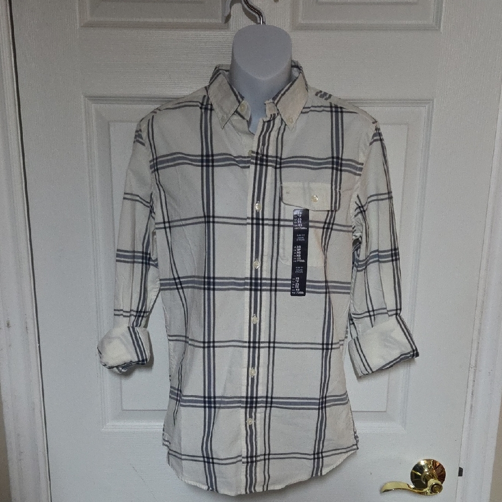 Gap Women's Cream and Grey Plaid Shirt XS Button Down NWT Cotton Slim